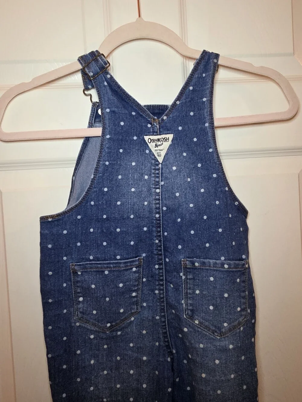 Oshkosh B'gosh 14T Overalls Polka Dot Denim Blue White Snap Bottom Pockets